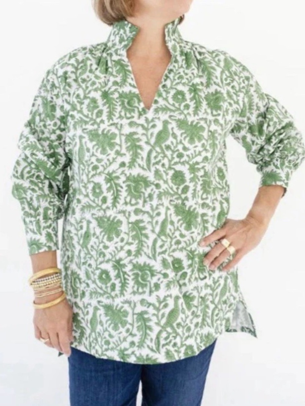 NWT KMM Collective RUFFLE COLLAR TOP - GREEN AND WHITE Floral Peacock S